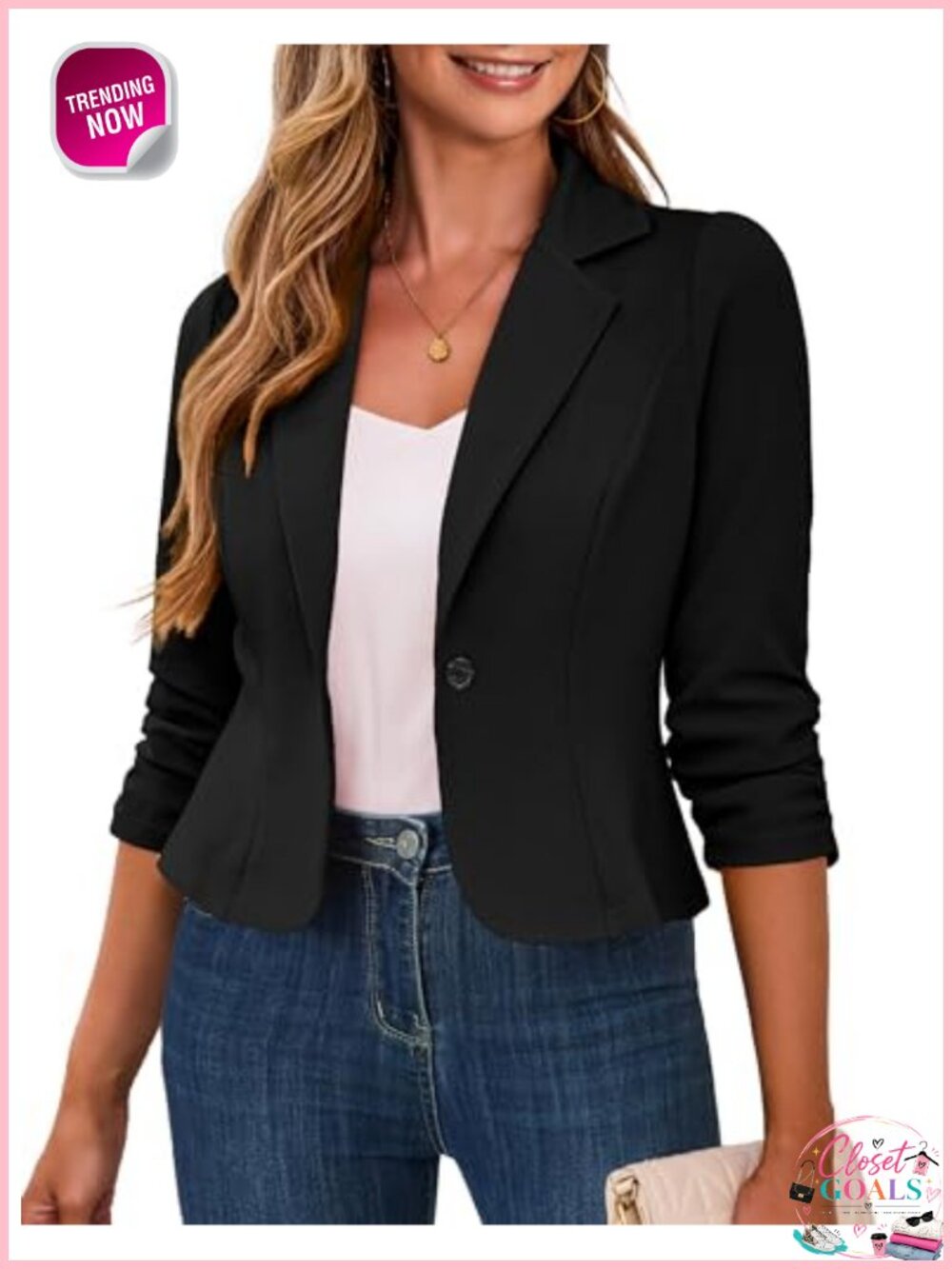 Cropped Blazer 3/4 Ruched Sleeve Business Casual